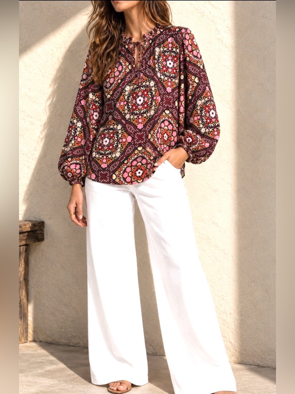 BOUTIQUE RUFFLE TIE NECK POET TOP 2X/3X BOHO AUTUMN FLORAL ROMANTIC BALLOON $68
